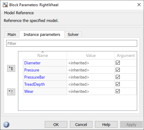 Instance parameters for the RightWheel block with the Argument check boxes selected