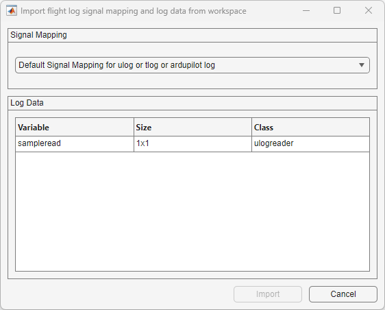 Import flight log signal mapping and log data from workspace dialog box showing a ulogreader class object