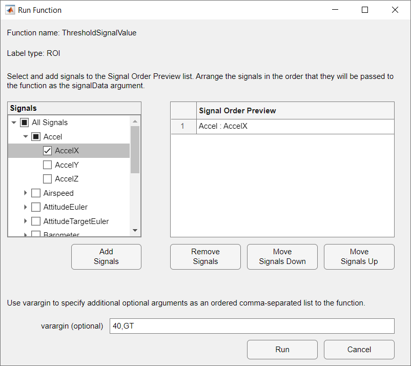 Run function dialog box showing Accel X signal selected, and varargin specified as 40, GT