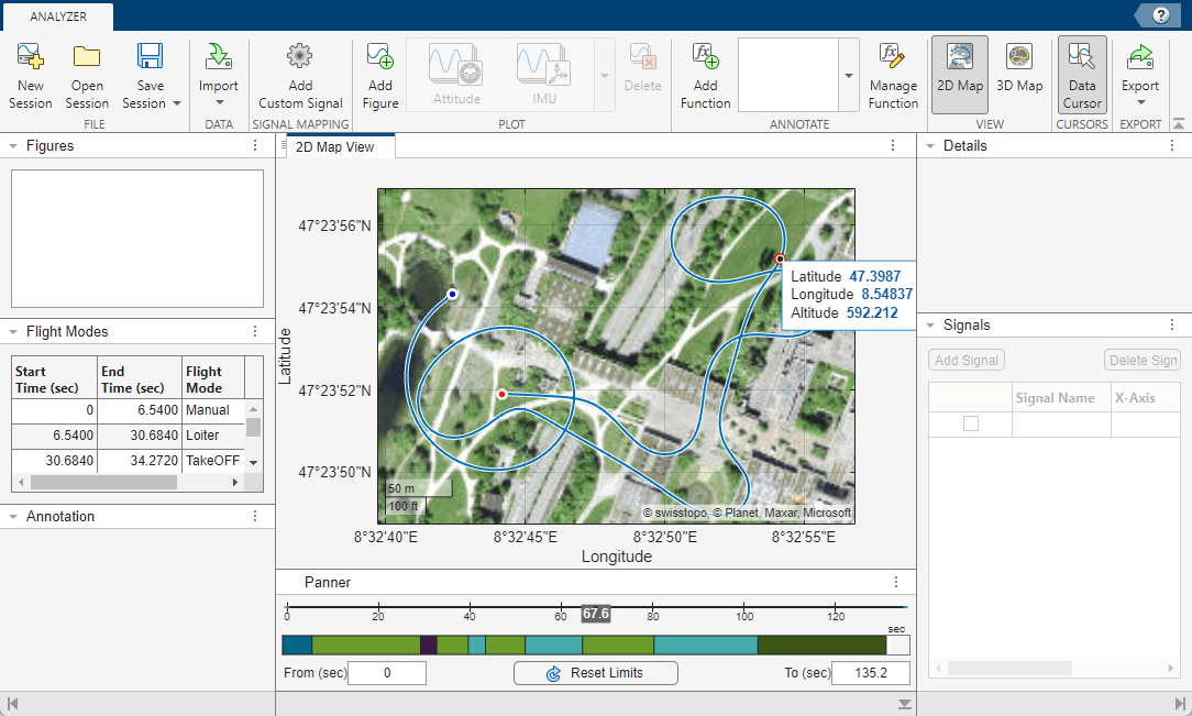 Data cursor on 2d map and panner, set at 30.4697 seconds. In the map, it is shown that the UAV has latitutde of 47.3987, longitude if 8.54837, and altitude of 592.212 meters.