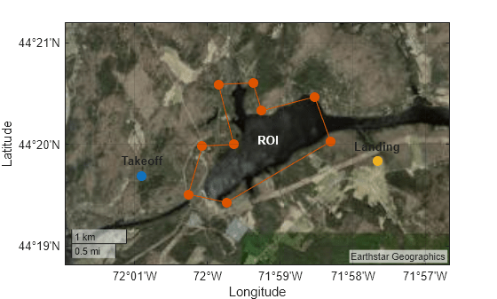 Figure contains an axes object with type geoaxes. The geoaxes object contains 6 objects of type line, text. One or more of the lines displays its values using only markers