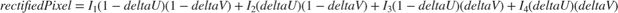 $$rectifiedPixel=I_{1}(1-deltaU)(1-deltaV)+I_{2}(deltaU)(1-deltaV)+I_{3}(1-deltaU)(deltaV)+I_{4}(deltaU)(deltaV)$$