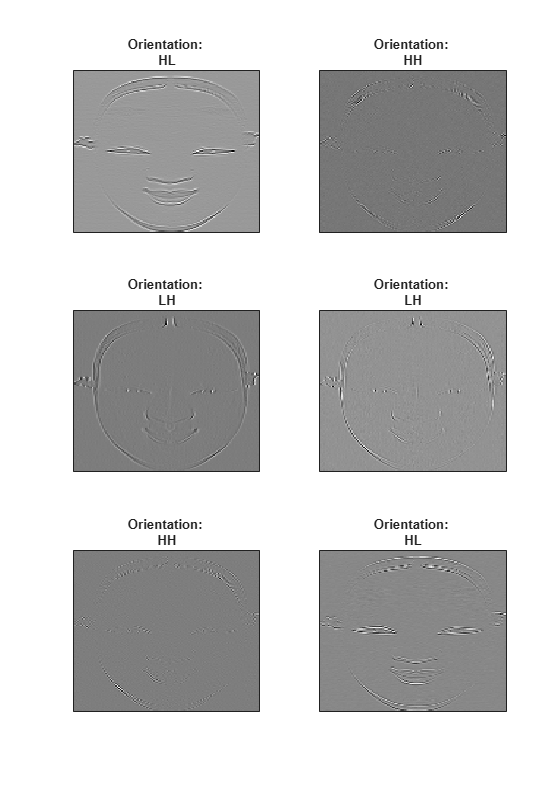 Figure contains 6 axes objects. Axes object 1 with title Orientation: HL contains an object of type image. Axes object 2 with title Orientation: HH contains an object of type image. Axes object 3 with title Orientation: LH contains an object of type image. Axes object 4 with title Orientation: LH contains an object of type image. Axes object 5 with title Orientation: HH contains an object of type image. Axes object 6 with title Orientation: HL contains an object of type image.