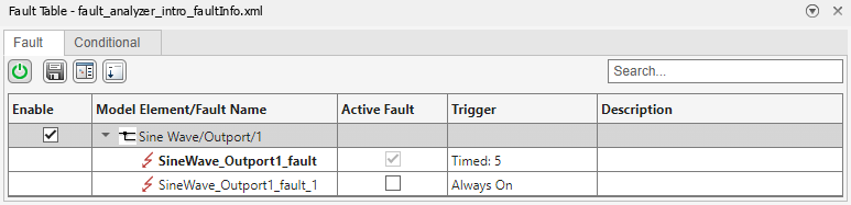 This image shows the Fault Table pane resulting from the previous example after the fault has been added.