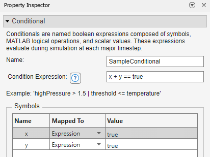This image shows the properties of a conditional in the Property Inspector with two symbols, x and y. The Symbols table lists the names of each symbol in the Conditional Expression field.