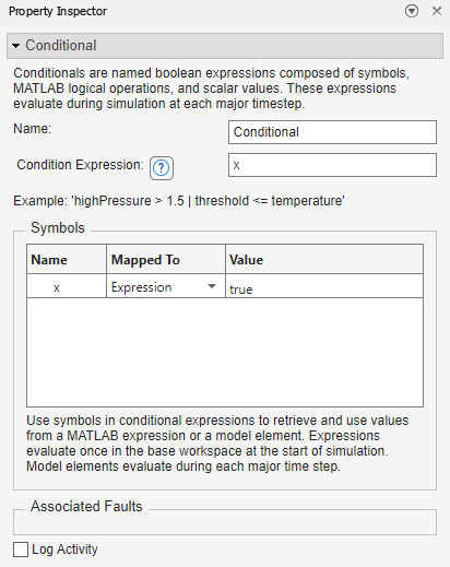 This image shows the properties of a new conditional in the Property Inspector.