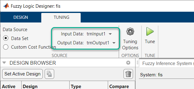 Tuning tab toolstrip highlighting the Input Data and Output Data lists with trnInput1 and trnOutput1 selected, respectively
