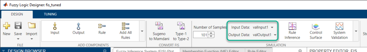 Design tab toolstrip highlighting the Input Data and Output Data lists in the Simulation section with valInput1 and valOutput1 selected, respectively