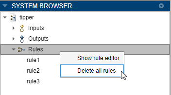 System Browser showing the right-click menu for the Rules entry. The pointer is over the Delete all rules menu item.