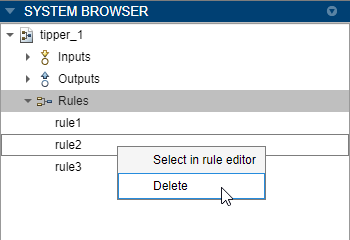 System Browser showing the right-click menu for a rule. The pointer is over the Delete menu item.