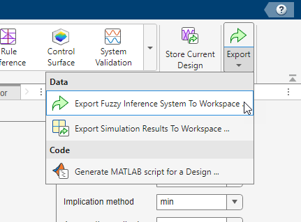 App toolstrip showing the Export Fuzzy Inference System to Workspace selection in the Export menu on the far right side of the toolstrip.