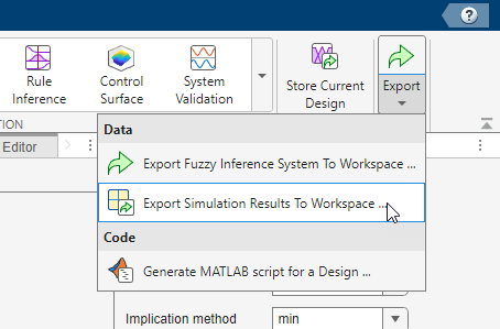App toolstrip showing the Export Simulation Results to Workspace selection in the Export menu on the far right side of the toolstrip
