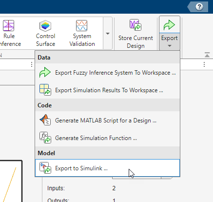 App toolstrip showing the Export to Simulink selection in the Export menu on the far right side of the toolstrip