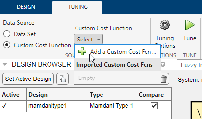Tuning tab showing the Custom Cost Function list expanded and the pointer over the Add a Custom Cost Fcn option