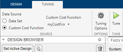 Toolstrip showing myCostFcn selected in the Custom Cost Function list