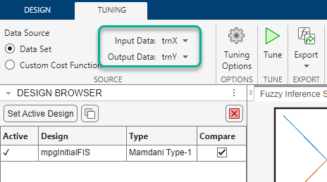 Tuning tab toolstrip highlighting the Input Data and Output Data lists in the Source section
