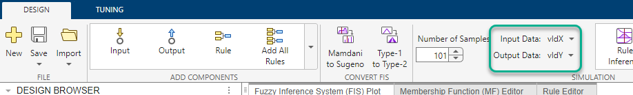 Design tab toolstrip highlighting the Input Data and Output Data lists in the Simulation section