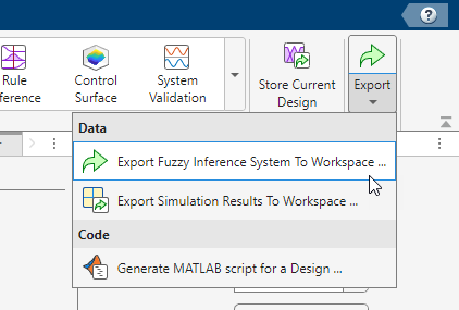 App toolstrip showing the Export Fuzzy Inference System to Workspace selection in the Export menu on the far right side of the toolstrip