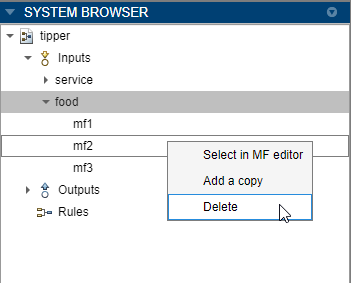 System Browser showing the right-click menu for an MF. The pointer is over the Delete menu item.