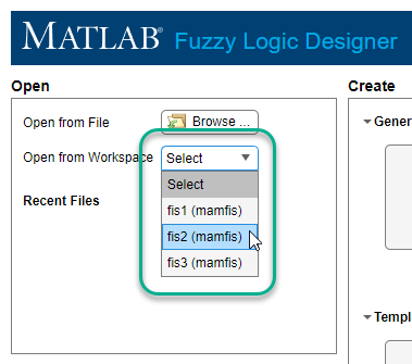 Open from Workspace dialog box expanded to list three FIS objects from the MATLAB workspace. The pointer is over the second FIS object in the list