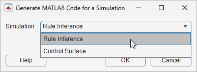 Generate MATLAB Code for a Simulation dialog box open and the pointer on a selection in the Simulation list