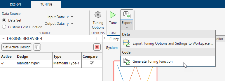 Tuning tab showing the Generate Tuning Function selection in the Export menu on the far right side of the toolstrip.