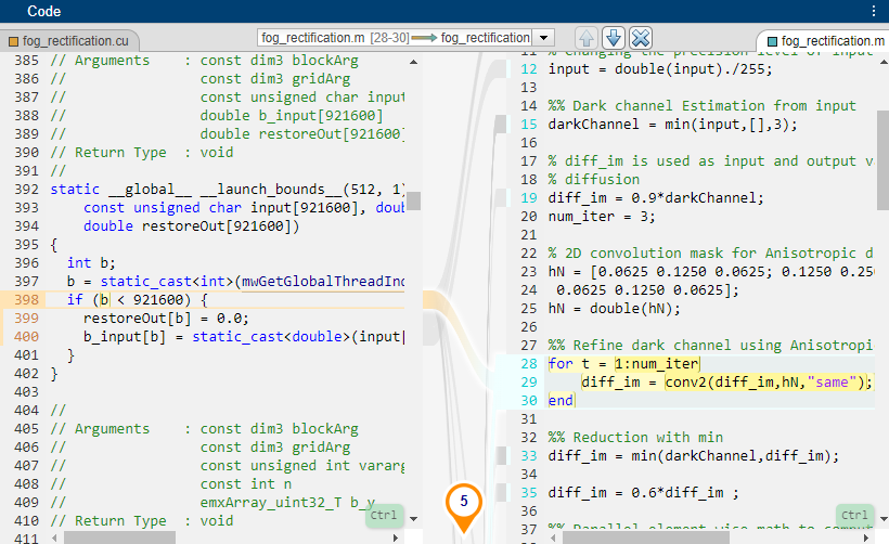 Code pane showing the trace from a MATLAB loop to a generated code loop