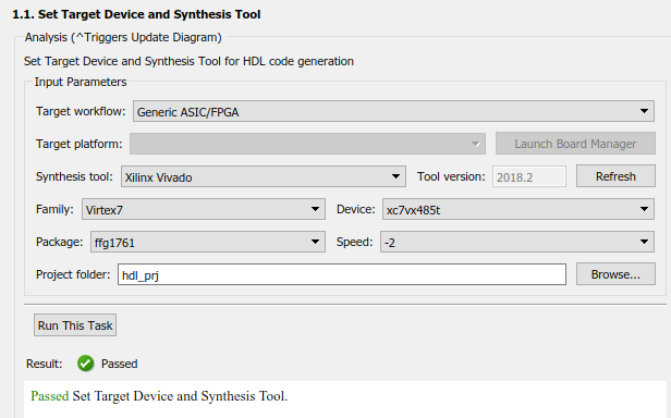 HDL Workflow Advisor dialog box for task 1.1 'Set Target Device and Synthesis Tool'