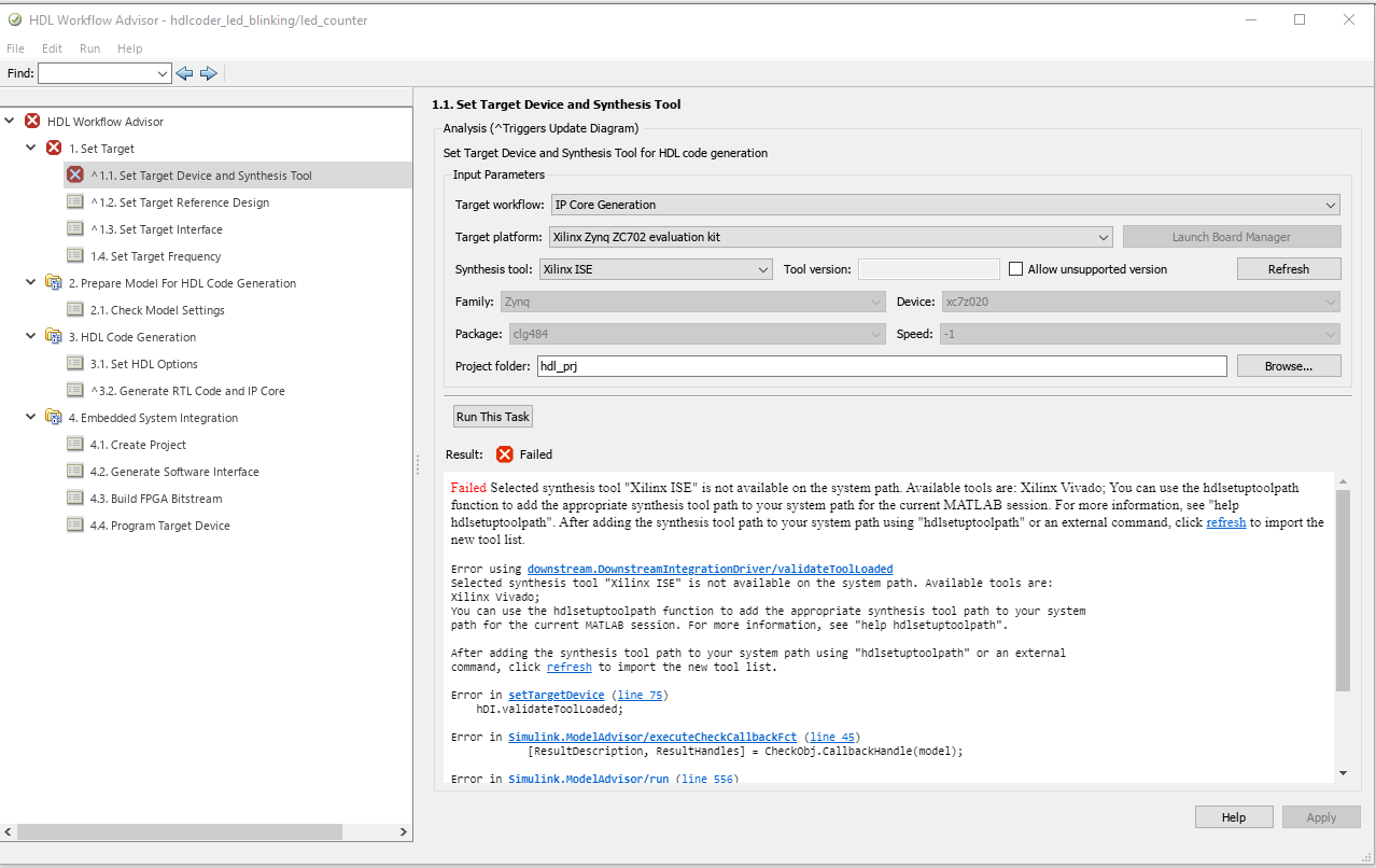 The HDL Workflow Advisor displaying warning and failures for the task.
