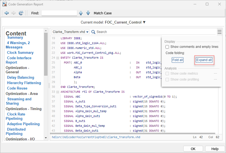 Code generation report for the model hdlcoderFocCurrentFixptHdl shows the expanded sections in the code