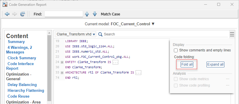 Code generation report for the model hdlcoderFocCurrentFixptHdl shows the code section in a collapsed state