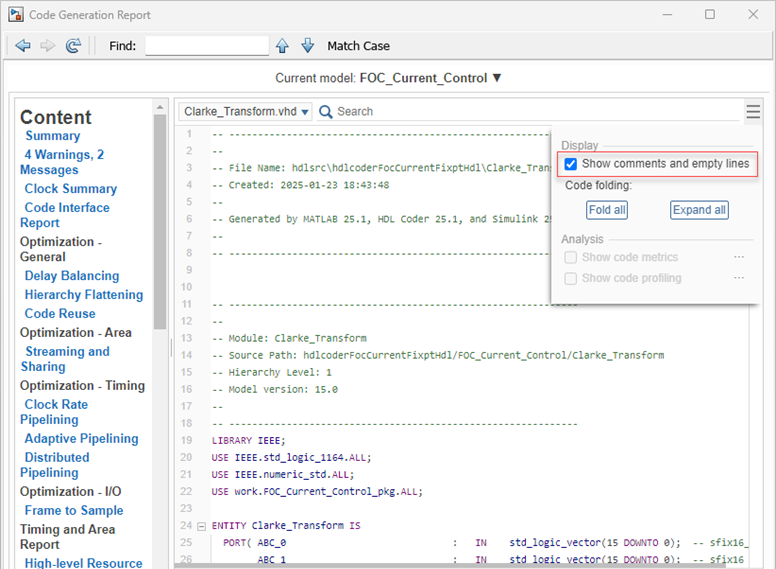 Code generation report for the model hdlcoderFocCurrentFixptHdl shows the comments and empty lines in the code