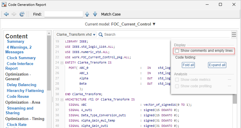 Code generation report for the model hdlcoderFocCurrentFixptHdl excludes comments and empty lines in the code