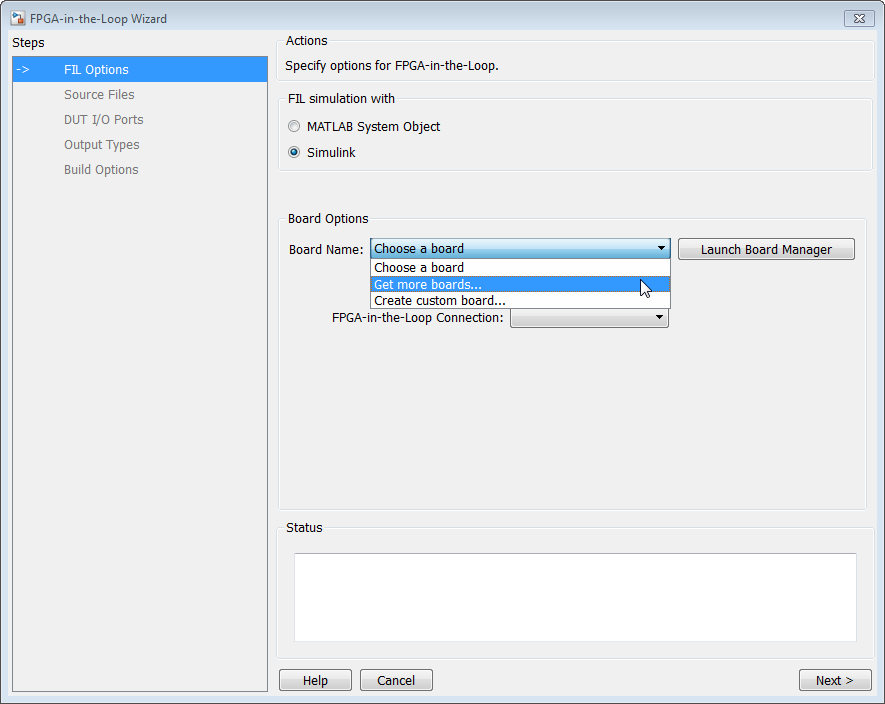 FPGA-in-the-Loop Wizard open on the FIL Options pane, with the Get more boards dropdown option highlighted for the Board Name parameter