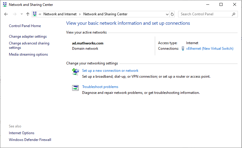 Network and Sharing Center window