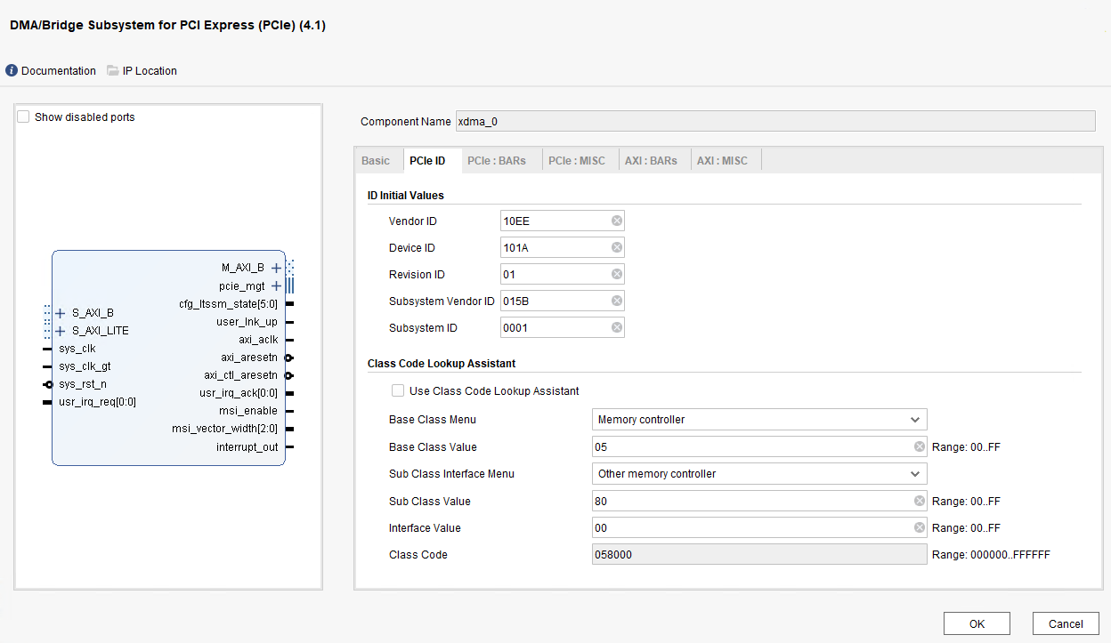 PCIe core open on the PCIe ID tab. Set Vendor ID to 10EE, Device ID to 101A, Revision ID to 01, Subsystem Vendor ID to 015B, and Subsystem ID to 0001. Set Base Class Menu to Memory controller, Base Class Value to 05, Sub Class Interface Menu to Other memory controller, Sub Class Value to 80, Interface Value to 00, and Class Code to 058000.