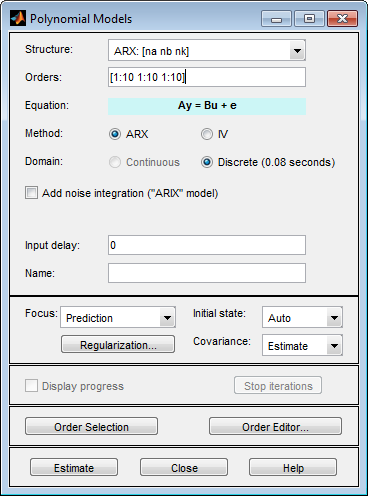 Polynomial Models dialog box with Structure and Orders fields on the top followed by other fields. Estimate, Close, and Help buttons are on the bottom.