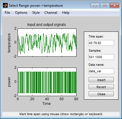 Select Range window specifying the last 500 samples. Data name is data_val.