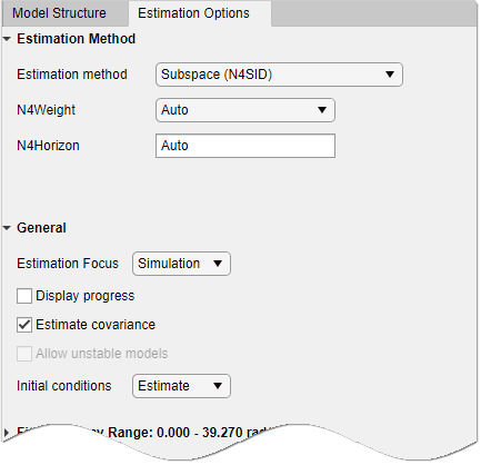 Estimation Options tab within the Estimate State-Space Models dialog box. Estimation Method area is on the top followed by General area.