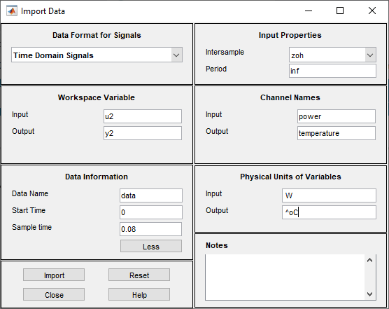 Expanded Import Data dialog box. To the right of the original dialog box, from top to bottom, are Input Properties, Channel Names, Physical Units of Variables, and Notes.