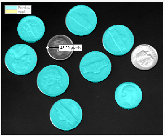 Preview of segmented coins with diameters of around 48 pixels using Find Circles.