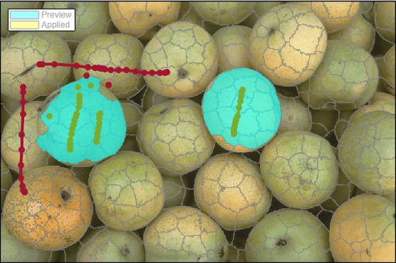 Preview of segmented pears using Graph Cut, with foreground and background scribbles.