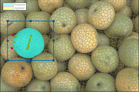 Preview of segmented pear using Local Graph Cut, with foreground and background scribbles within a rectangular ROI.