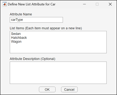 Sample List attribute with "Attribute Name" set to carType and list items Sedan, Hatchback, and Wagon