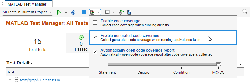 Enable generated code coverage is selected in the MATLAB Test Manager.