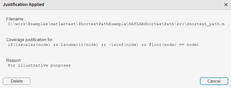 Justification Applied dialog box, showing the filename, code block entry point, and justification reason