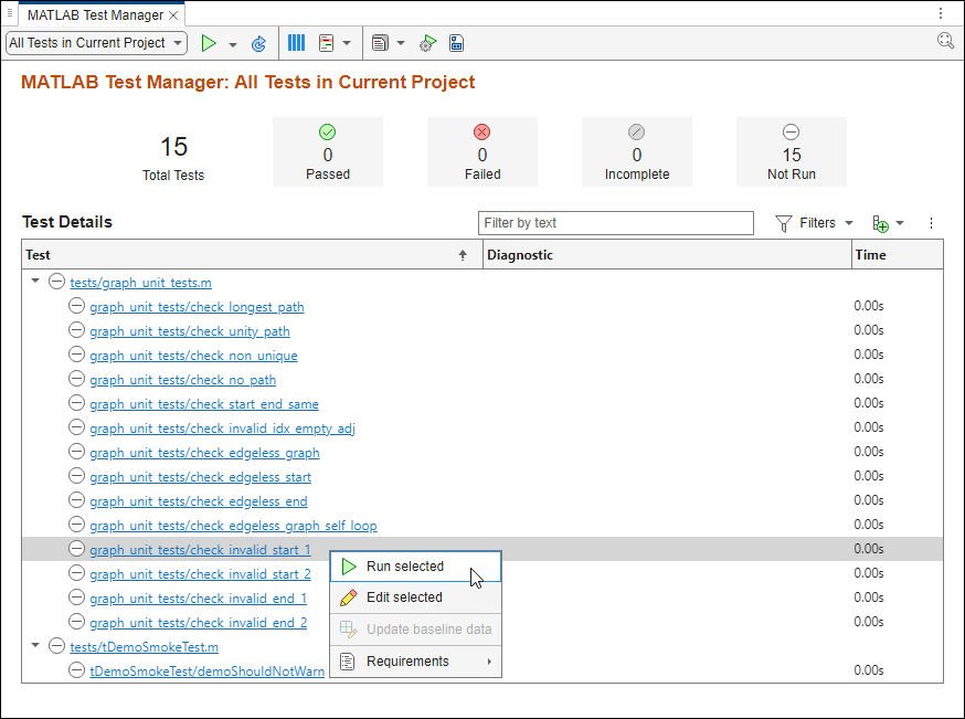 The Link from Selection in MATLAB Editor menu item is selected for a requirement.