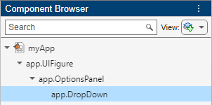 Component Browser. The text "app.OptionsPanel" is below and indented from "app.UIFigure", and "app.DropDown" is below and indented from "app.OptionsPanel".