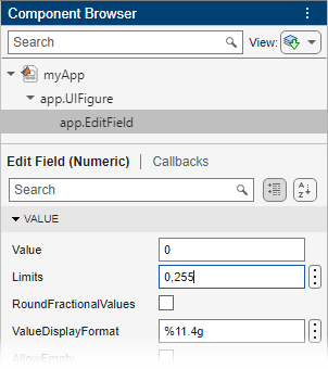 Component Browser with an numeric edit field component selected. The Limits property field is selected and contains the text "0,255".