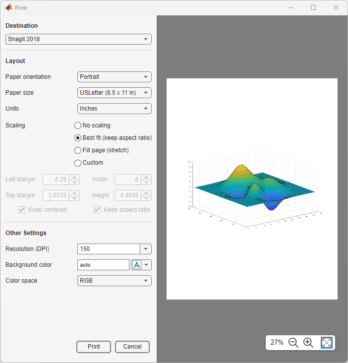 Print dialog box showing the print options and a preview of a plot